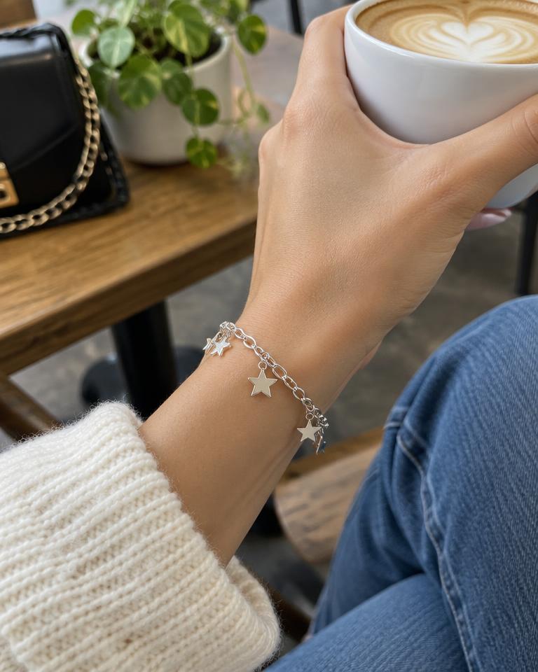 Silver star charm bracelet on a wrist holding coffee