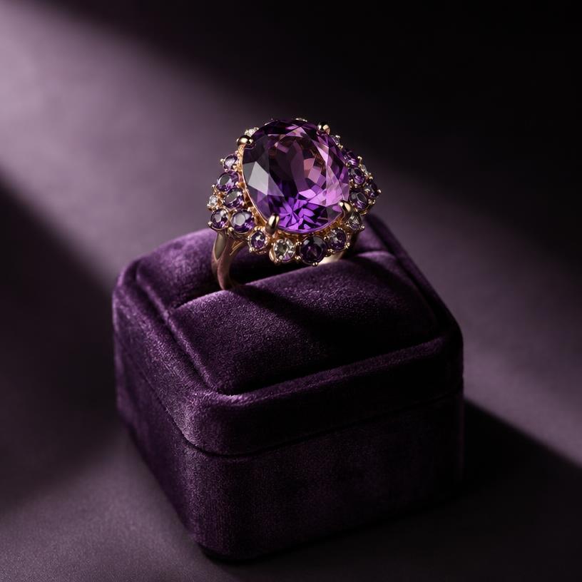 Purple crystal cocktail ring on a velvet box