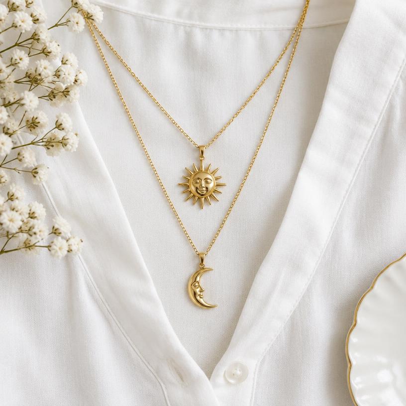 Layered gold sun and moon pendant necklaces