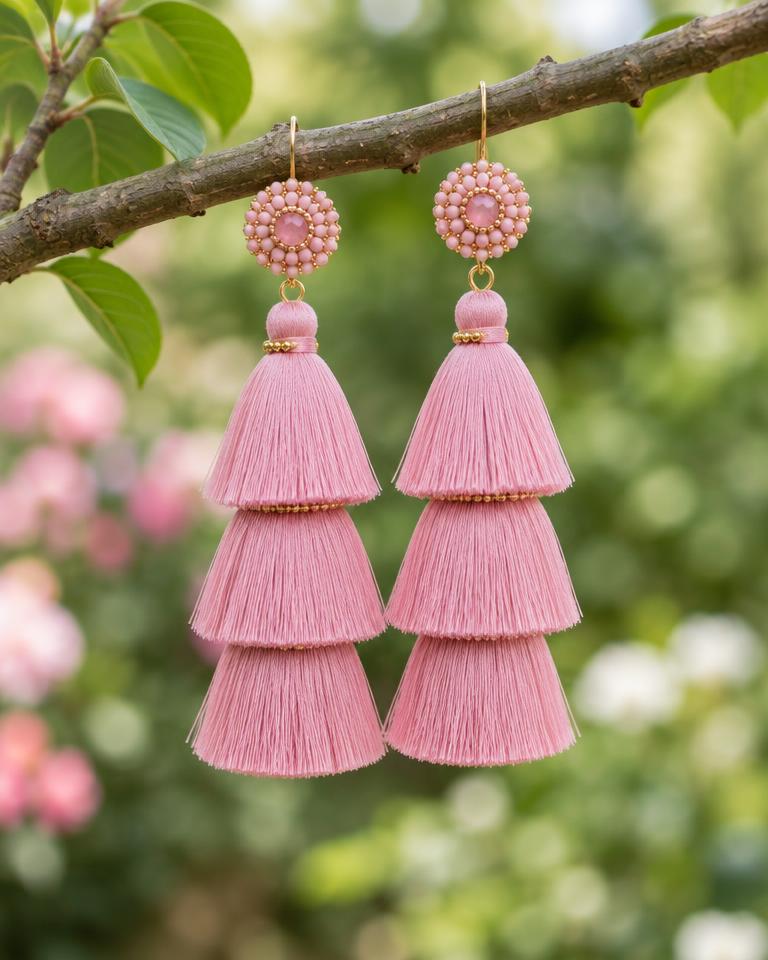 Pink tiered tassel earrings hanging from a branch
