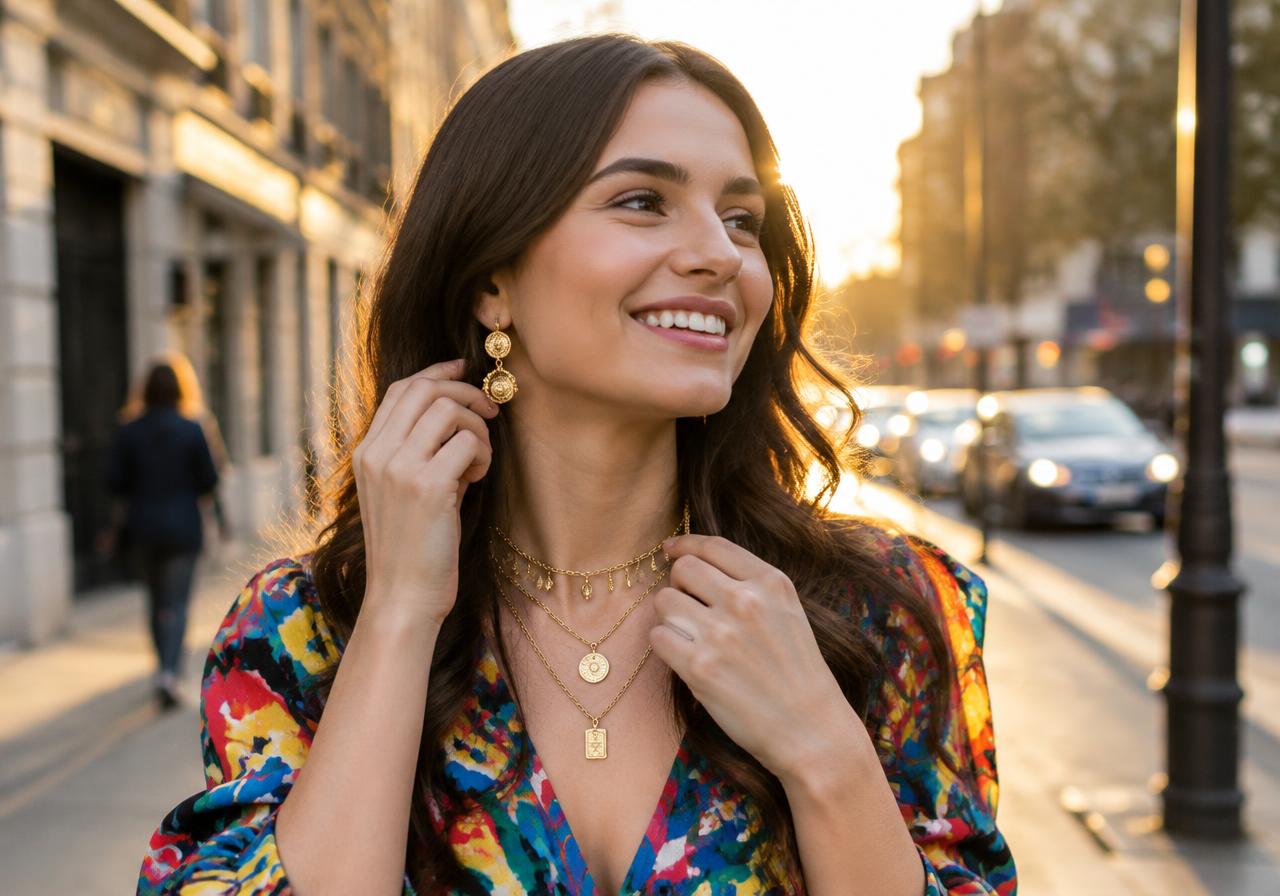 Smiling woman wearing layered gold necklaces and drop earrings on a city street