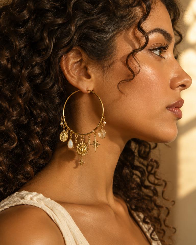 Gold hoop earring with dangling sun and star charms