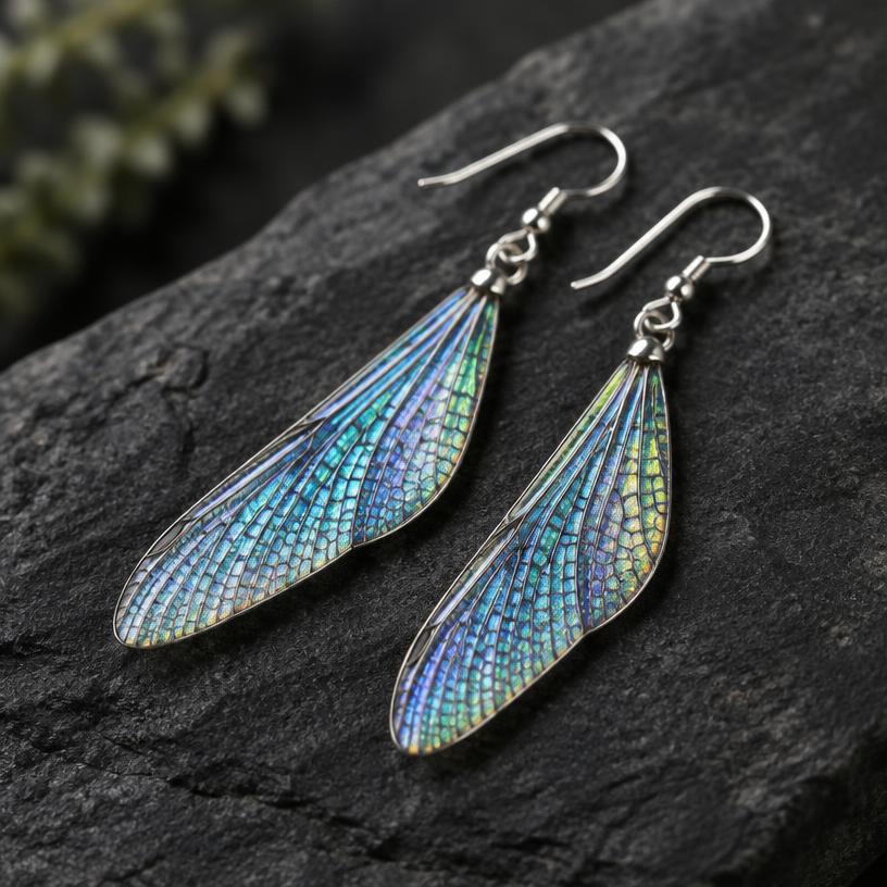 Iridescent dragonfly wing earrings on dark stone