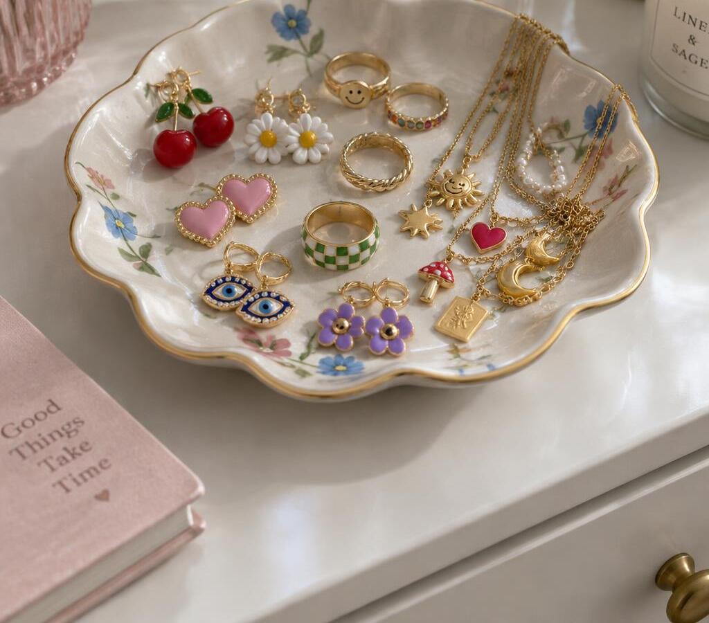 Dish of playful earrings, rings and charm necklaces